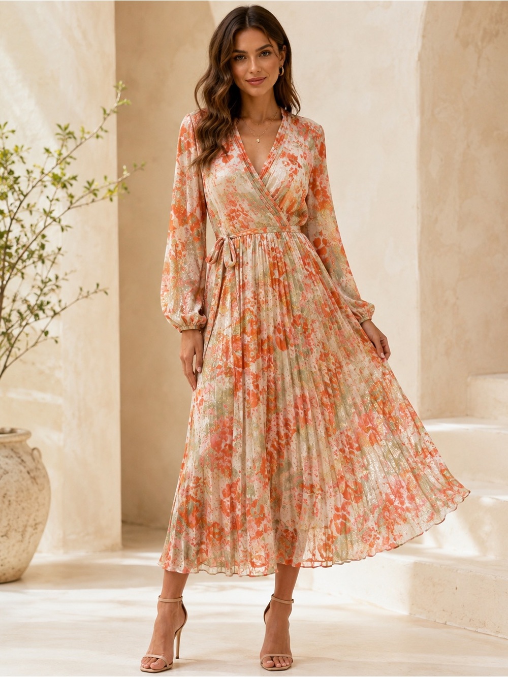 Beulah Peach and Cream Floral Wrap Midi Dress